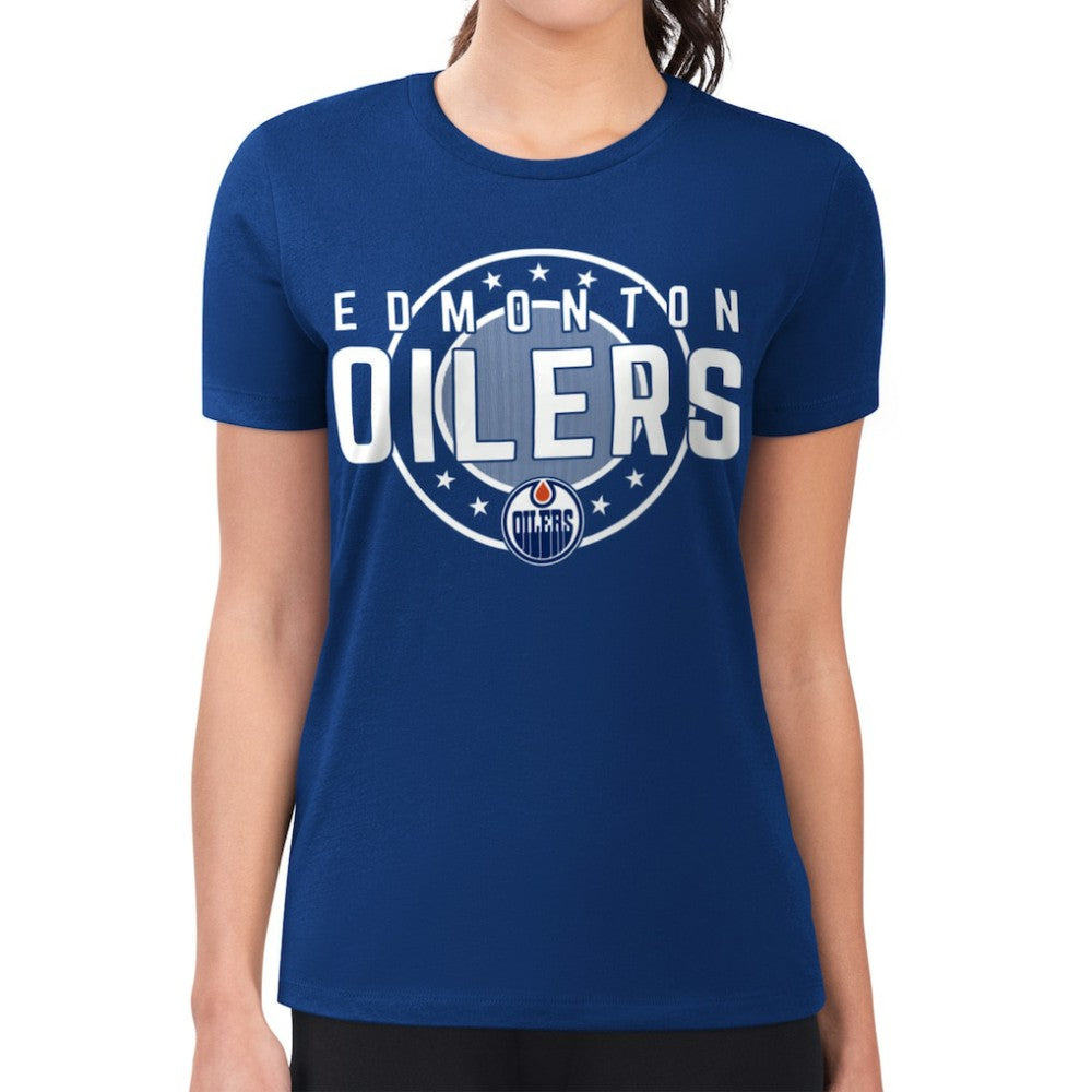 Edmonton Oilers G-III 4Her by Carl Banks Women's Super-Slim Lightweight Pinstripe Circle Graphic T-Shirt - Royal - NHL 203505364