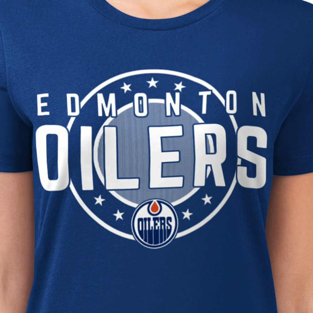 Edmonton Oilers G-III 4Her by Carl Banks Women's Super-Slim Lightweight Pinstripe Circle Graphic T-Shirt - Royal - NHL 203505364