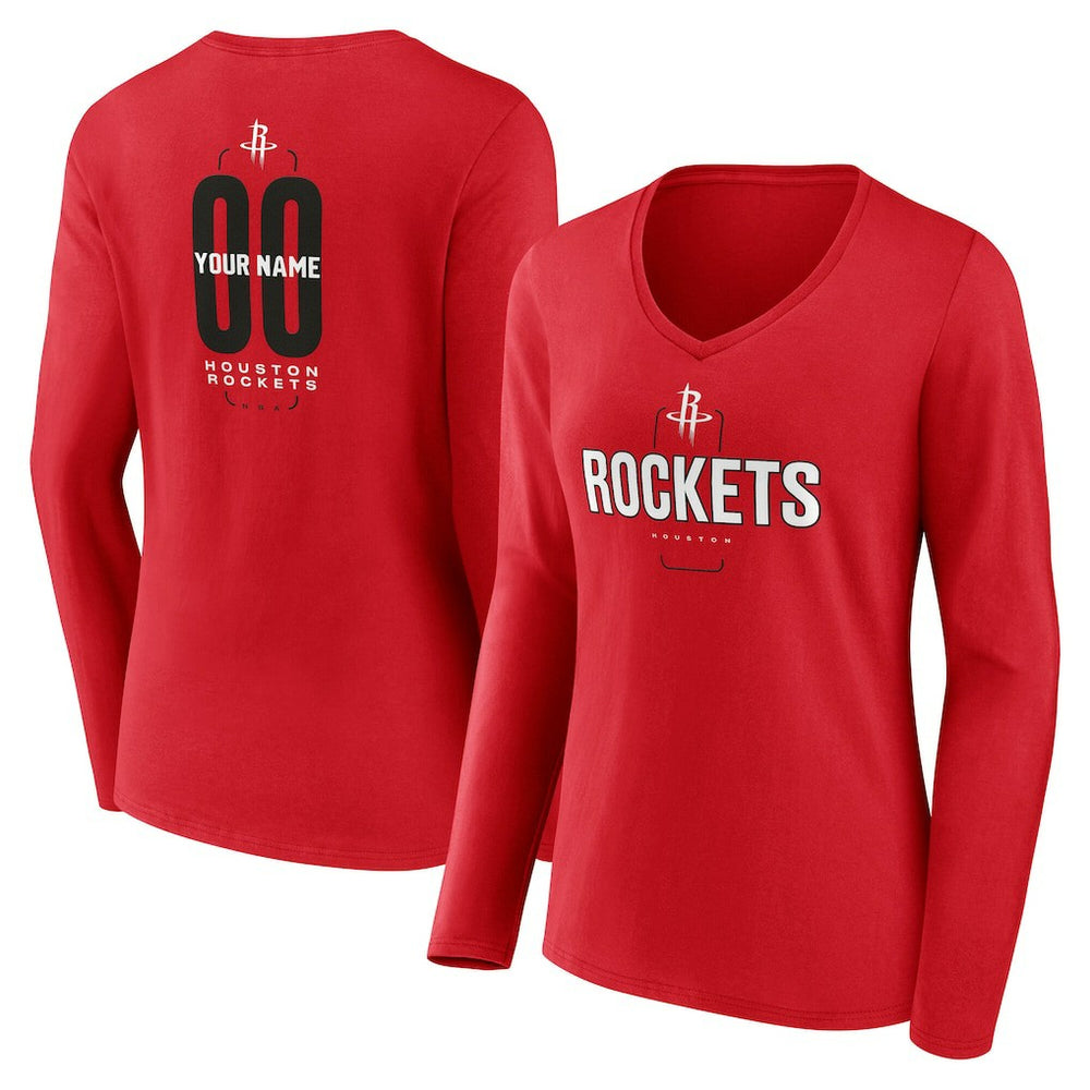 Houston Rockets Women's Center Court Name & Number Custom Long Sleeve V-Neck T-Shirt Red