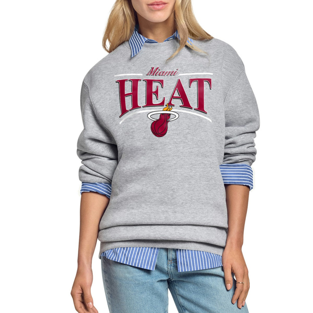 Miami Heat Starter Women's Arch Stripe Fleece Crewneck Sweatshirt Gray