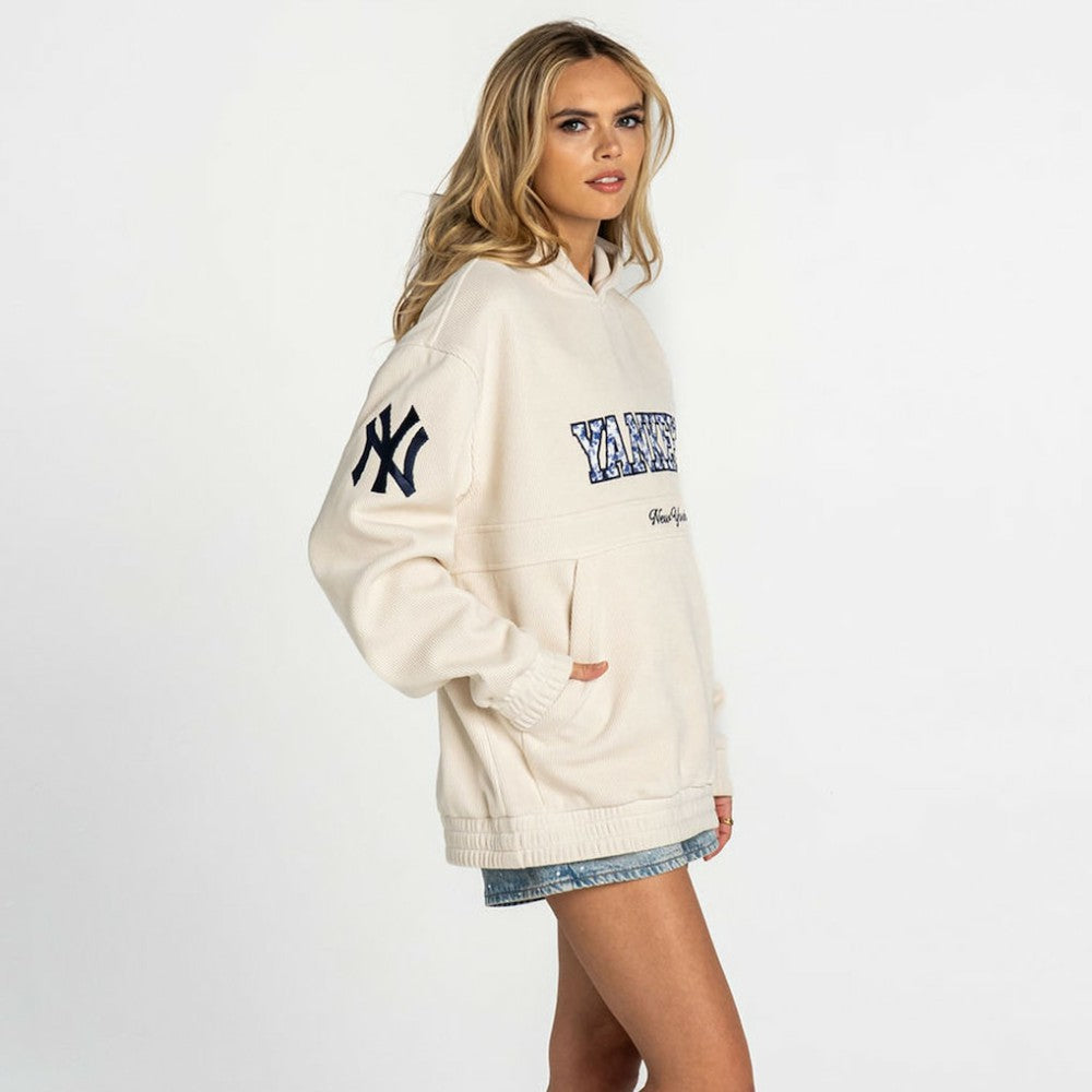 New York Yankees The Wild Collective Women's Oversized Cord Hoodie - Cream - MLB Discount