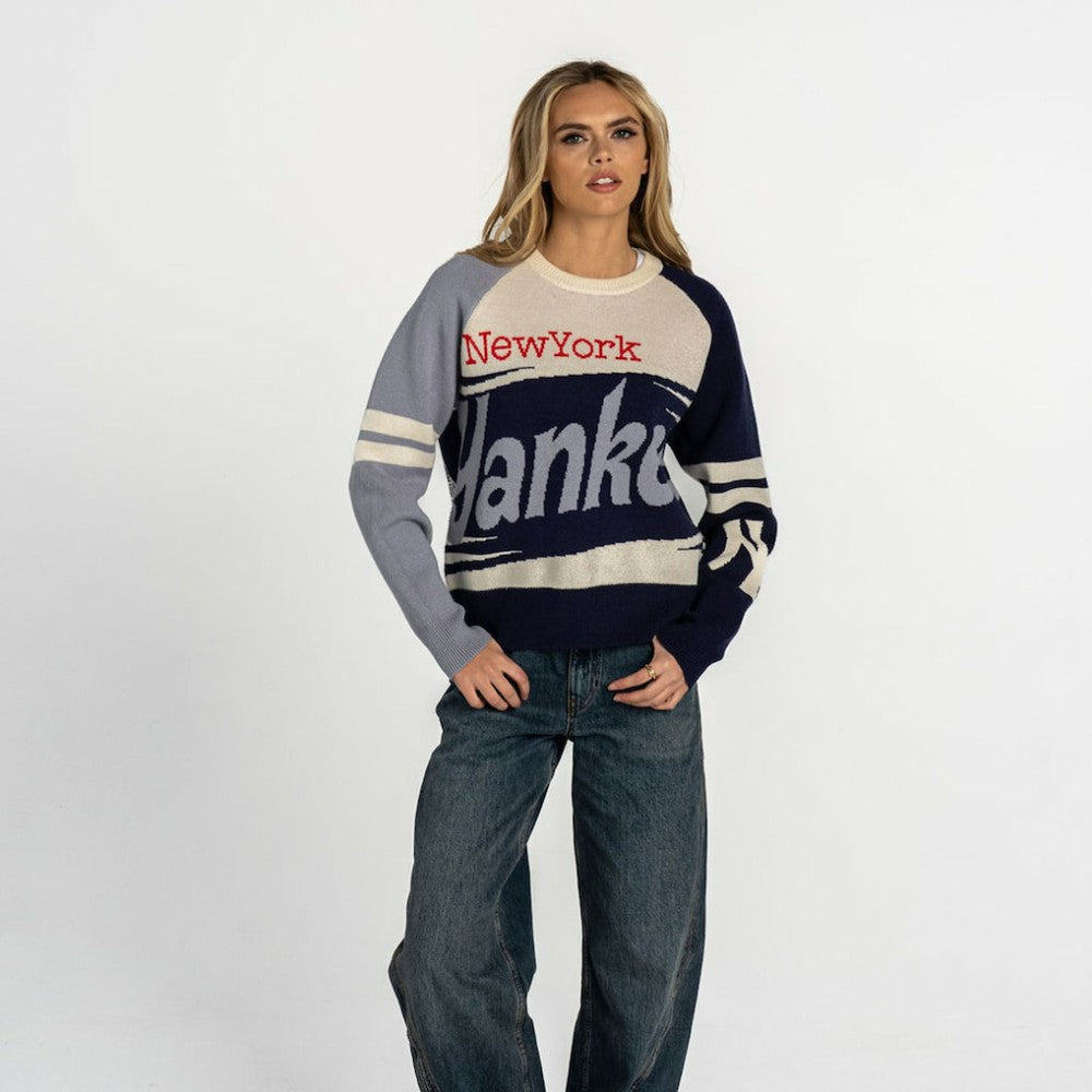 New York Yankees The Wild Collective Women's Boxy Jacquard Sweater - Navy/Cream - MLB on Sale