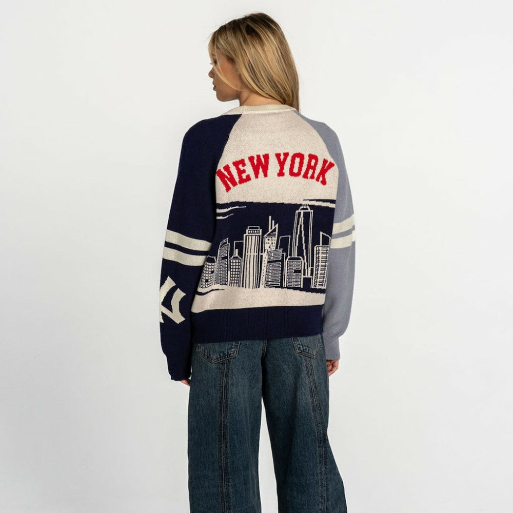 New York Yankees The Wild Collective Women's Boxy Jacquard Sweater - Navy/Cream - MLB on Sale