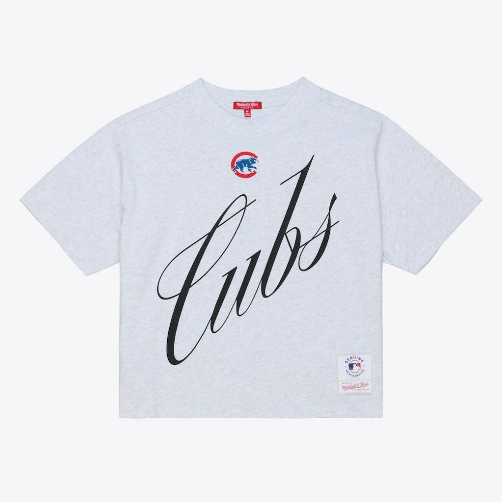 Chicago Cubs Mitchell & Ness Women's Script Cropped Boxy T-Shirt - Heather Gray - Mitchell & Ness Lifestyle