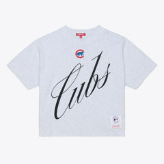 Chicago Cubs Mitchell & Ness Women's Script Cropped Boxy T-Shirt - Heather Gray - Mitchell & Ness Lifestyle