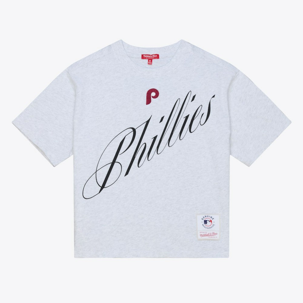 Philadelphia Phillies Mitchell & Ness Women's Script Cropped Boxy T-Shirt - Heather Gray - Mitchell & Ness Discount