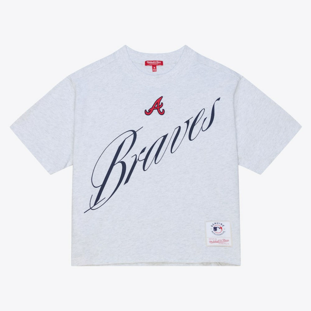 Atlanta Braves Mitchell & Ness Women's Script Cropped Boxy T-Shirt - Heather Gray - Mitchell & Ness on Sale