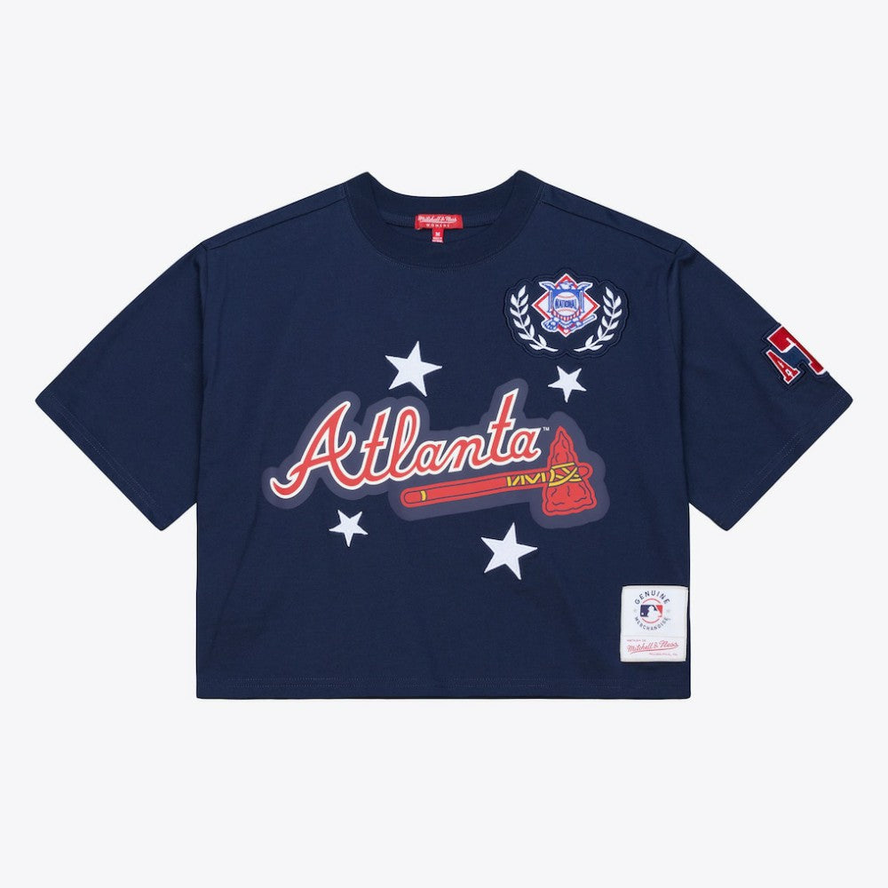 Atlanta Braves Mitchell & Ness Women's Pep Rally Cropped Boxy T-Shirt - Navy - Mitchell & Ness Discount
