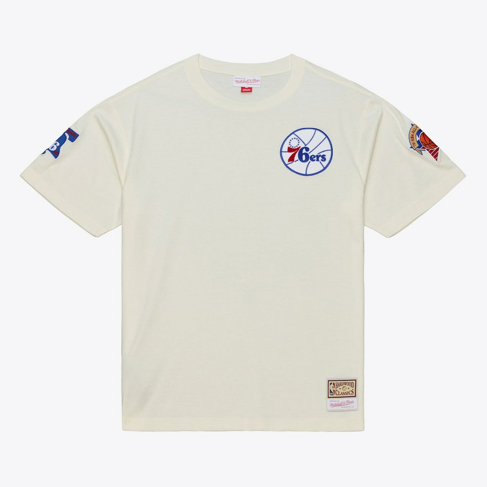 Philadelphia 76ers Hardwood Classics Chainstitch Premium T-Shirt Cream | Mitchell & Ness discount