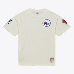 Philadelphia 76ers Hardwood Classics Chainstitch Premium T-Shirt Cream | Mitchell & Ness discount