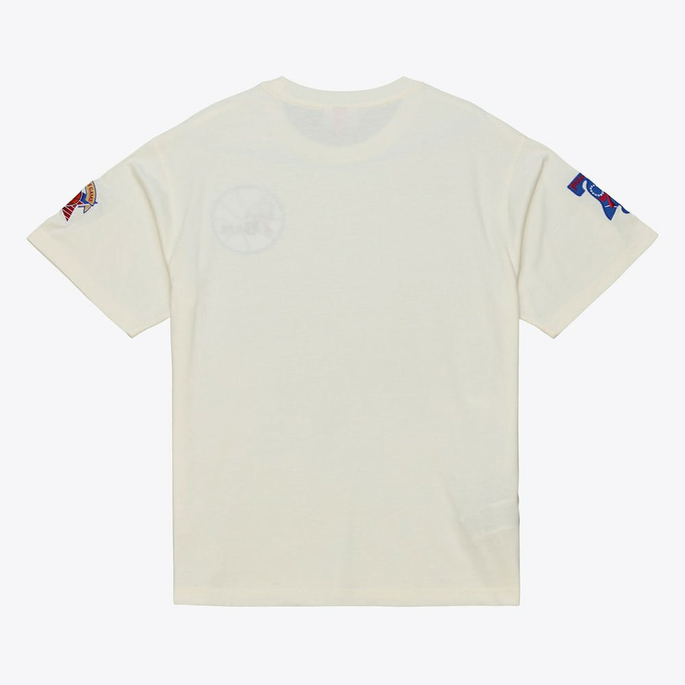 Philadelphia 76ers Hardwood Classics Chainstitch Premium T-Shirt Cream | Mitchell & Ness discount