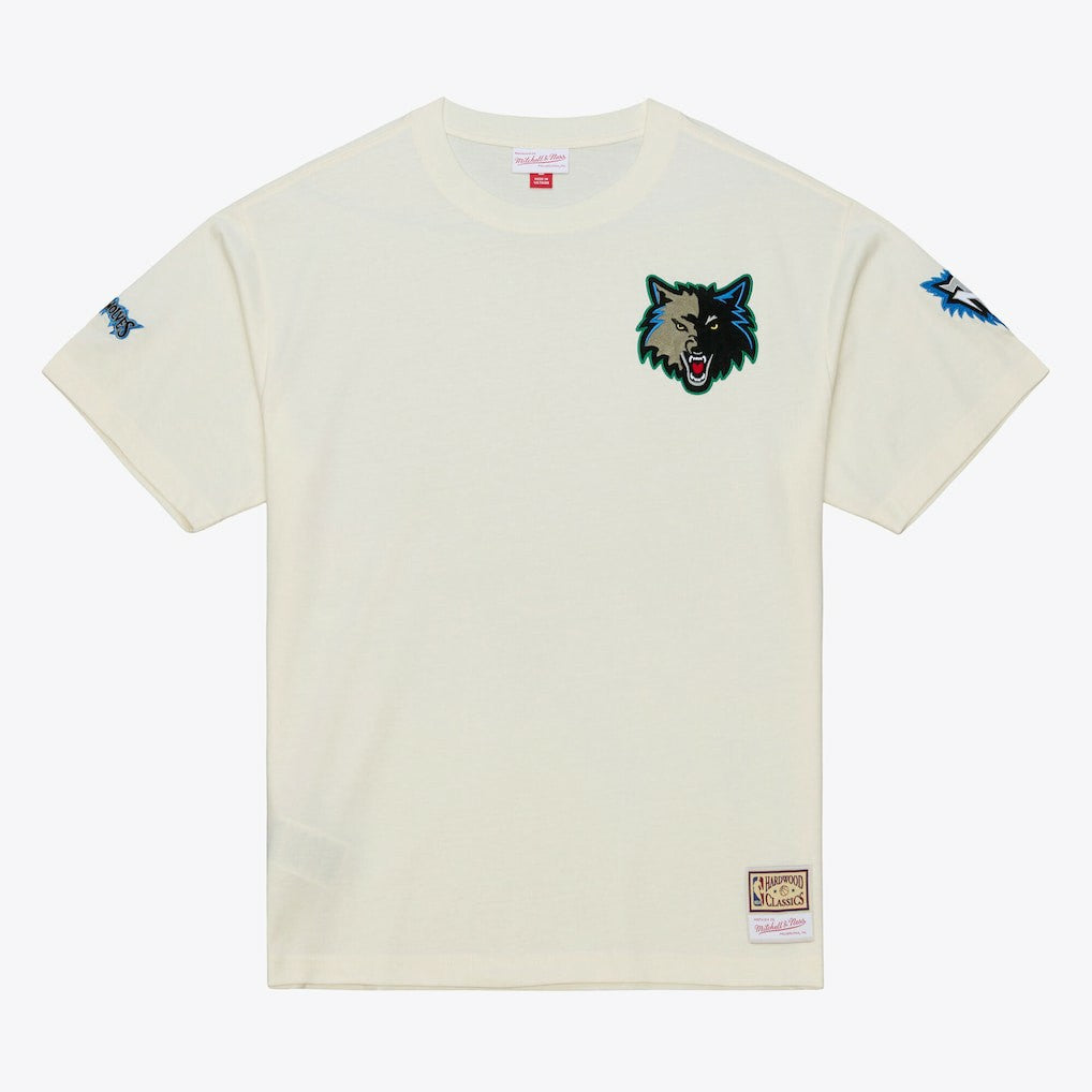 Minnesota Timberwolves Hardwood Classics Chainstitch Premium T-Shirt Cream | Mitchell & Ness for sale