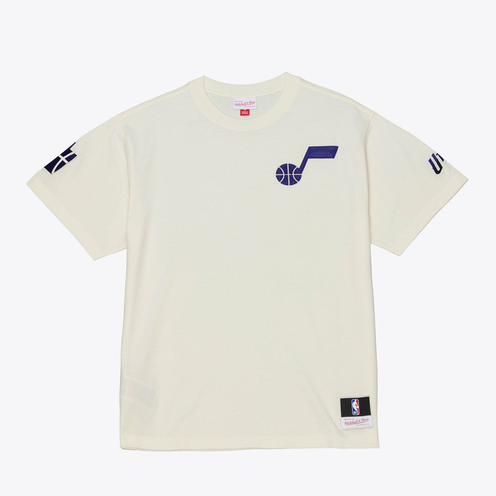 Utah Jazz Hardwood Classics Chainstitch Premium T-Shirt Cream | Mitchell & Ness online