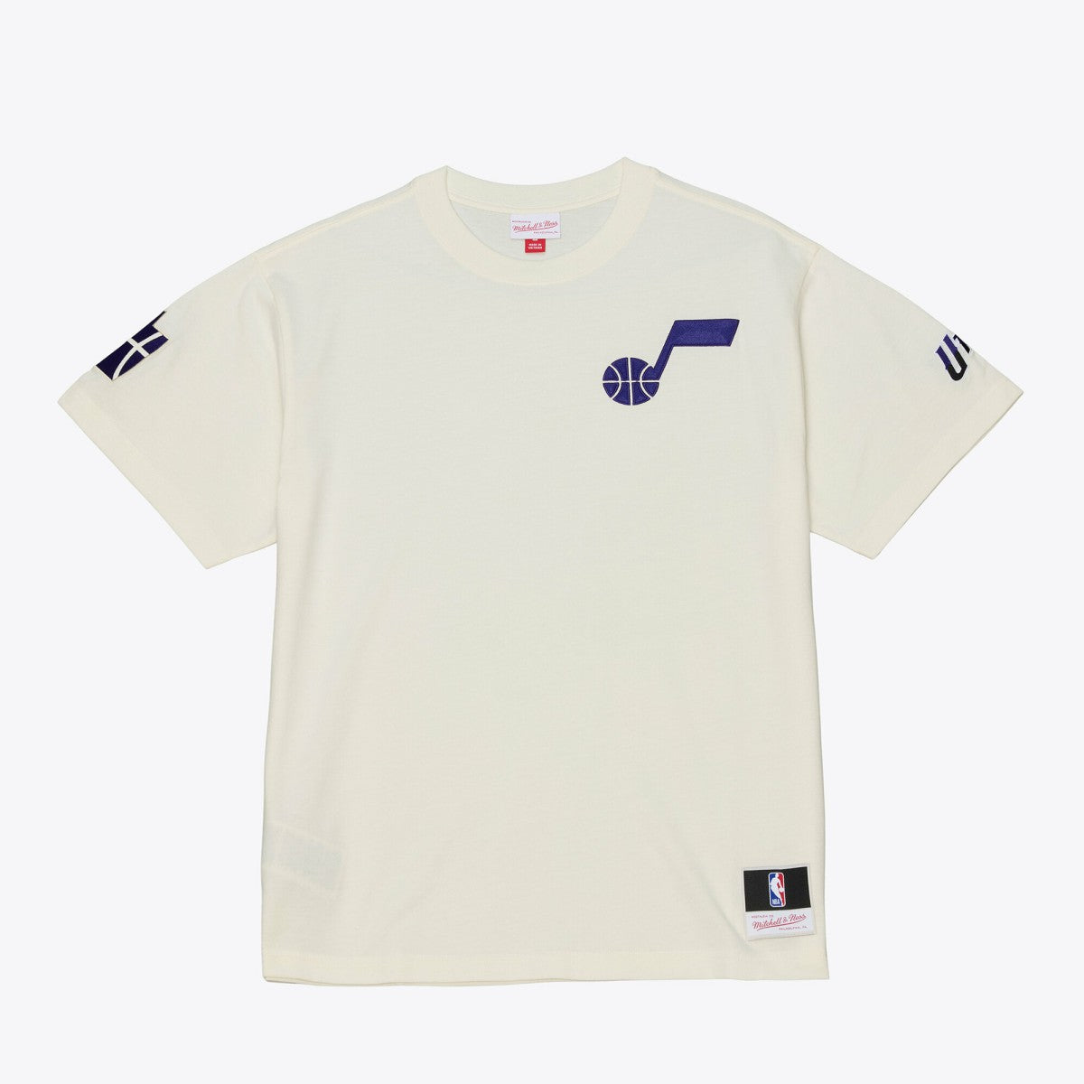 Utah Jazz Hardwood Classics Chainstitch Premium T-Shirt Cream | Mitchell & Ness online
