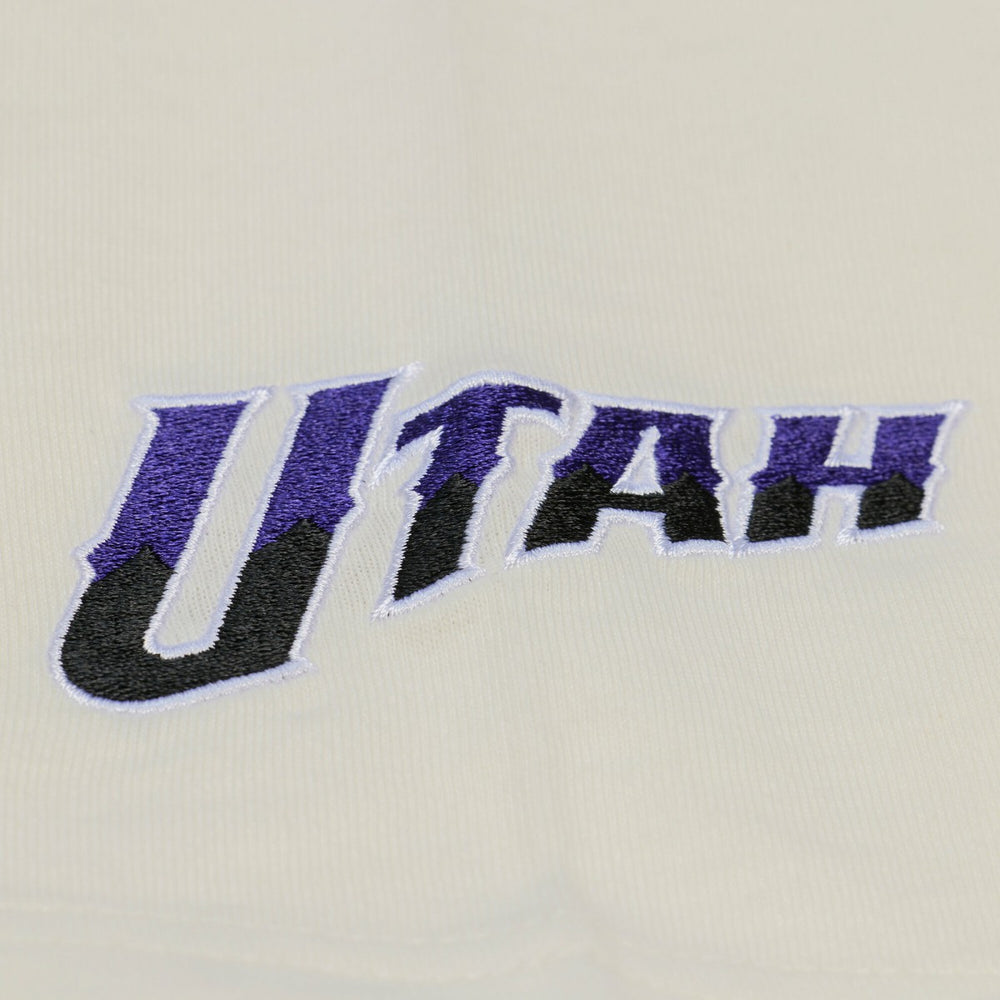 Utah Jazz Hardwood Classics Chainstitch Premium T-Shirt Cream | Mitchell & Ness online