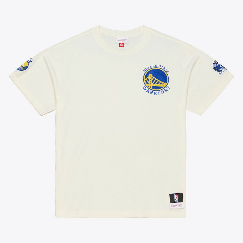 Golden State Warriors Hardwood Classics Chainstitch Premium T-Shirt for sale Cream | Mitchell & Ness