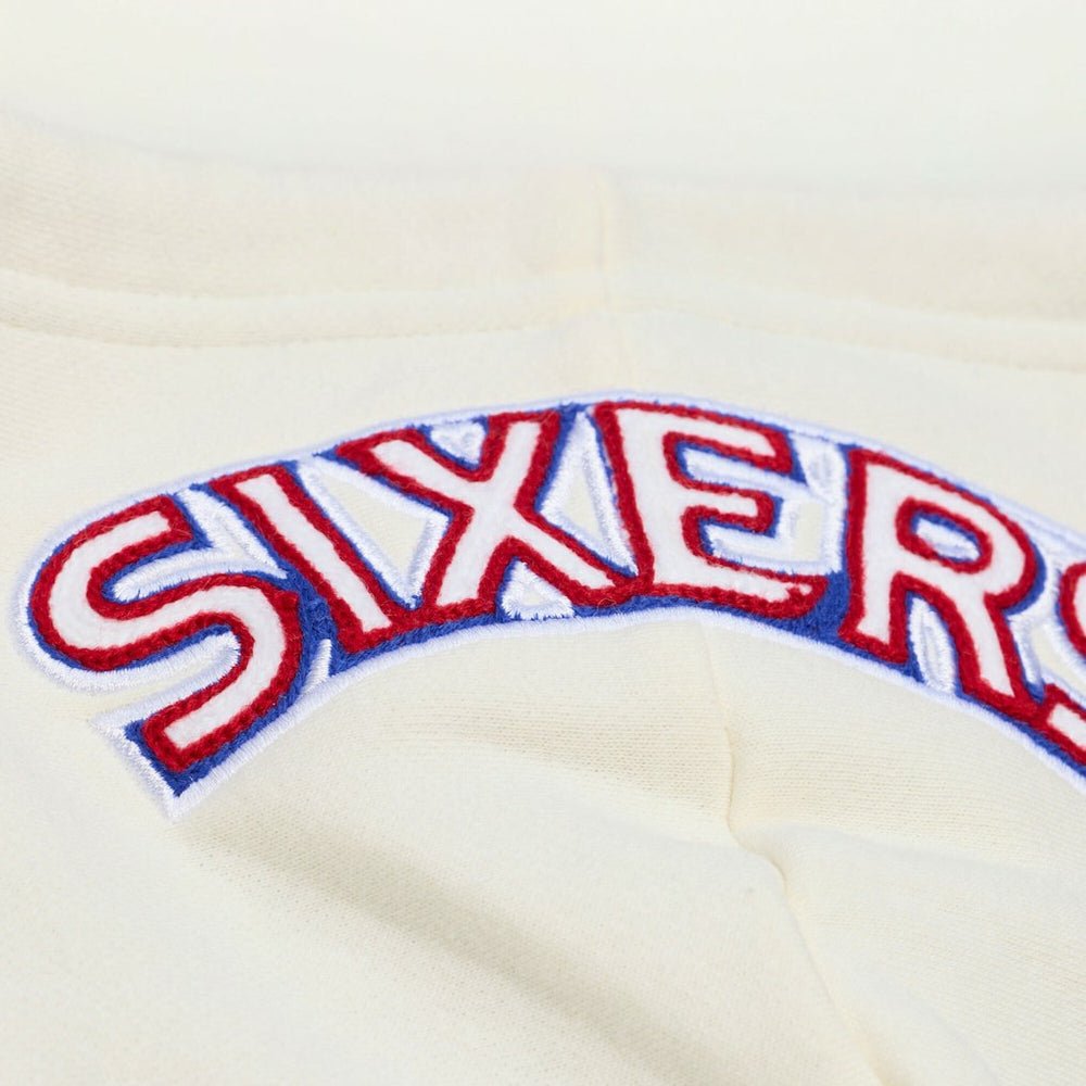Philadelphia 76ers Hardwood Classics Chainstitch Premium Fleece Hoodie Cream | Mitchell & Ness US