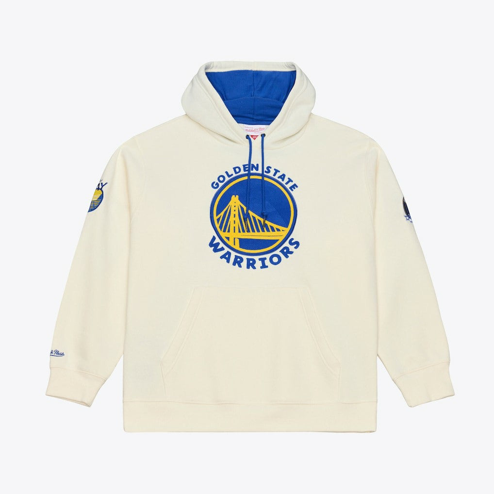 Golden State Warriors Hardwood Classics Chainstitch Premium Fleece Hoodie for sale Cream | Mitchell & Ness Lifestyle