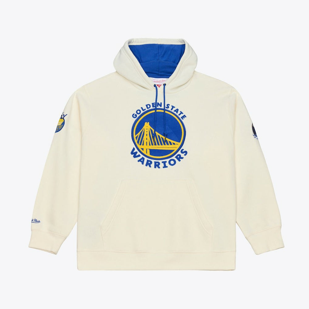 Golden State Warriors Hardwood Classics Chainstitch Premium Fleece Hoodie for sale Cream | Mitchell & Ness Lifestyle
