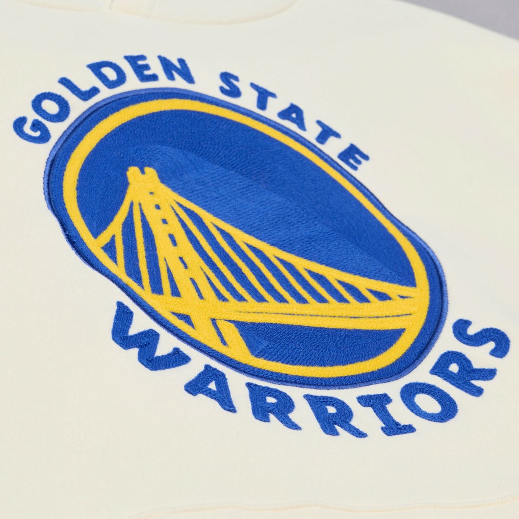Golden State Warriors Hardwood Classics Chainstitch Premium Fleece Hoodie for sale Cream | Mitchell & Ness Lifestyle