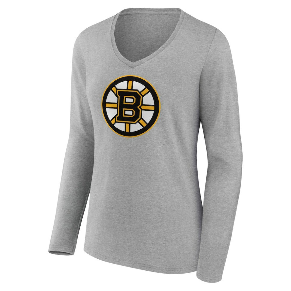 Boston Bruins Women's Primary Logo Long Sleeve V-Neck T-Shirt - Gray - NHL 203555620