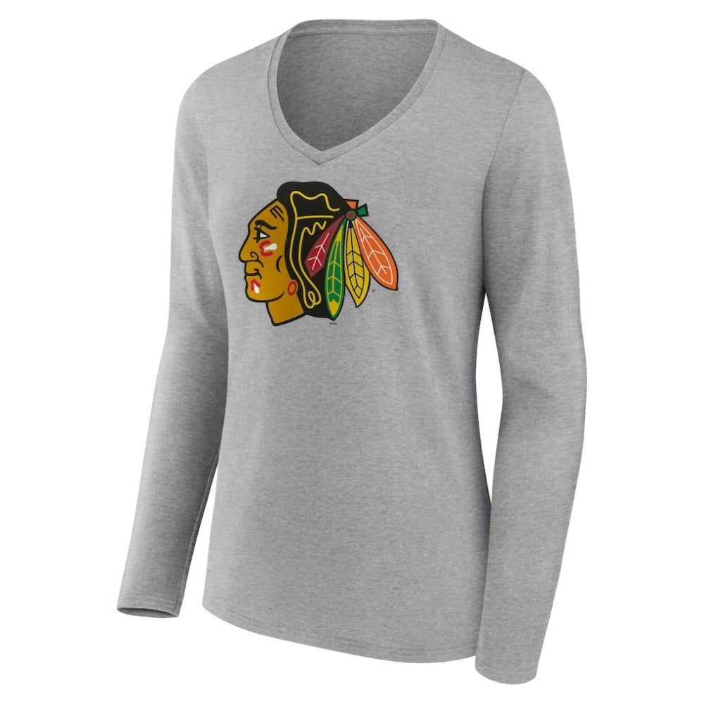 Chicago Blackhawks Women's Primary Logo Long Sleeve V-Neck T-Shirt - Gray - NHL 203555628