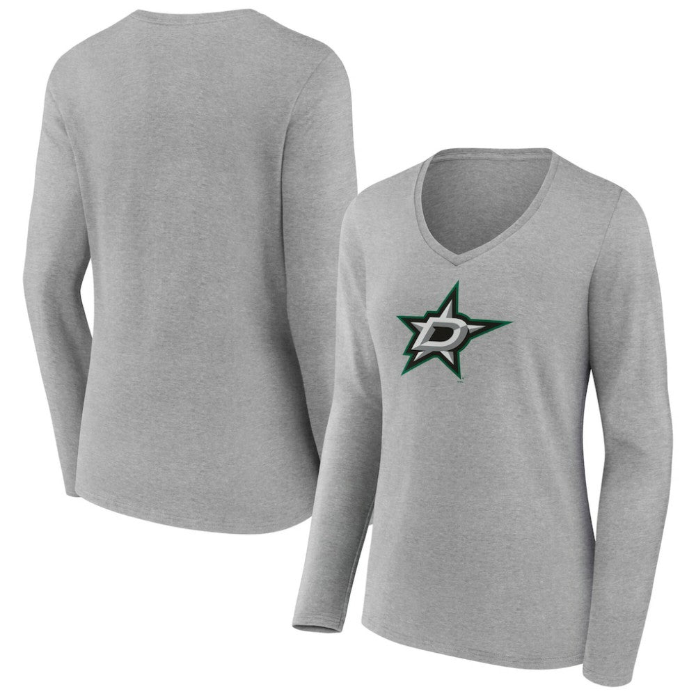 Dallas Stars Women's Primary Logo Long Sleeve V-Neck T-Shirt - Gray - NHL 203555632