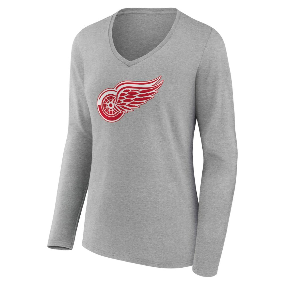 Detroit Red Wings Women's Primary Logo Long Sleeve V-Neck T-Shirt - Gray - NHL 203555634
