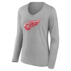 Detroit Red Wings Women's Primary Logo Long Sleeve V-Neck T-Shirt - Gray - NHL 203555634