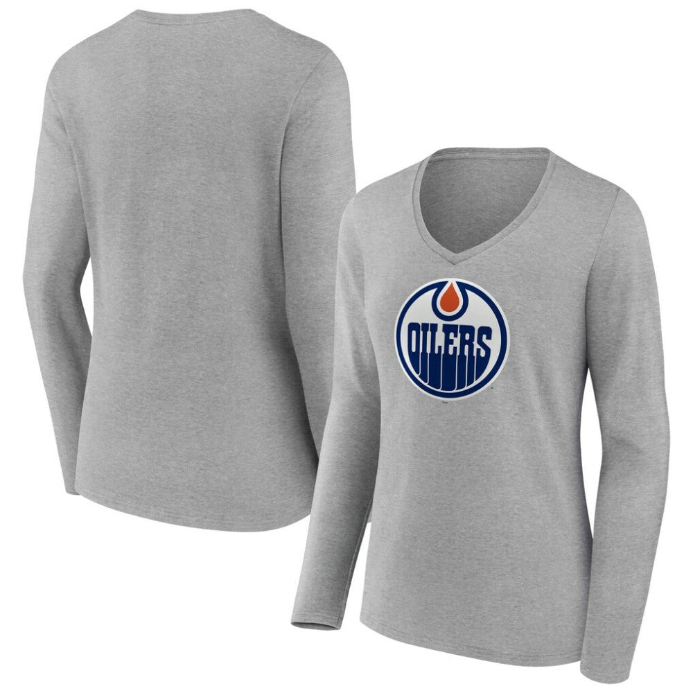 Edmonton Oilers Women's Primary Logo Long Sleeve V-Neck T-Shirt - Gray - NHL 203555635