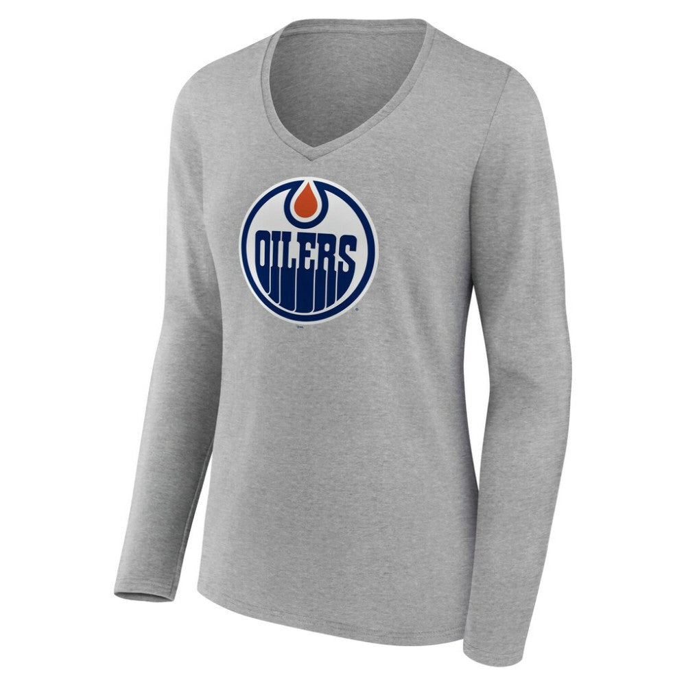 Edmonton Oilers Women's Primary Logo Long Sleeve V-Neck T-Shirt - Gray - NHL 203555635