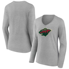 Minnesota Wild Women's Primary Logo Long Sleeve V-Neck T-Shirt - Gray - NHL 203555646