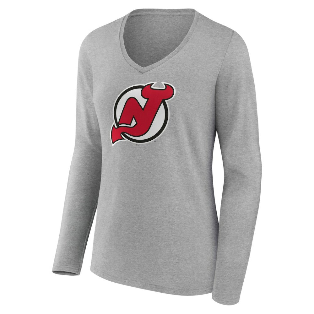 New Jersey Devils Women's Primary Logo Long Sleeve V-Neck T-Shirt - Gray - NHL 203555651