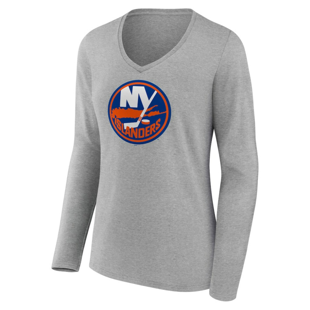 New York Islanders Women's Primary Logo Long Sleeve V-Neck T-Shirt - Gray - NHL 203555655