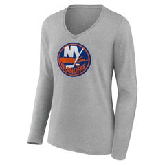 New York Islanders Women's Primary Logo Long Sleeve V-Neck T-Shirt - Gray - NHL 203555655