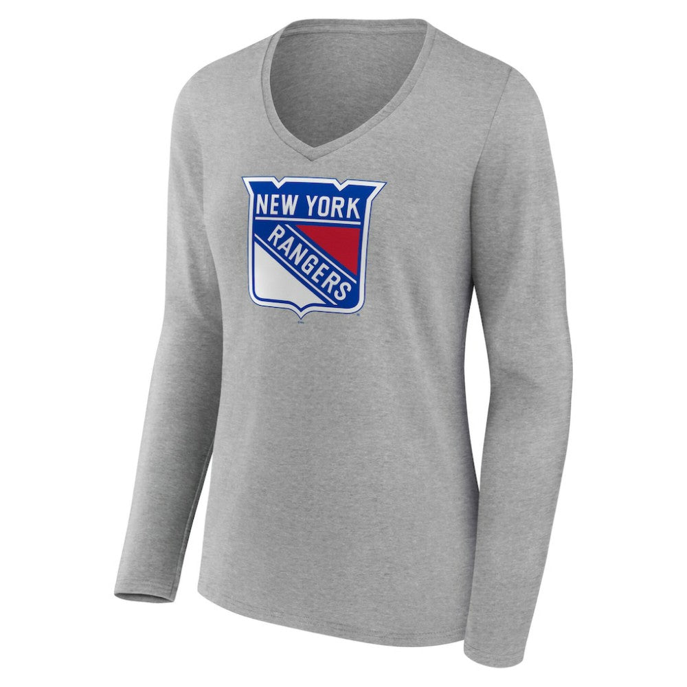 New York Rangers Women's Primary Logo Long Sleeve V-Neck T-Shirt - Gray - NHL 203555662