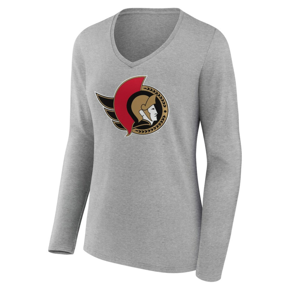 Ottawa Senators Women's Primary Logo Long Sleeve V-Neck T-Shirt - Gray - NHL 203555663