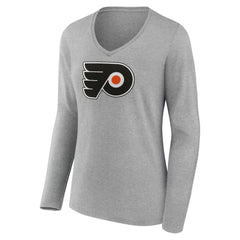 Philadelphia Flyers Women's Primary Logo Long Sleeve V-Neck T-Shirt - Gray - NHL 203555667