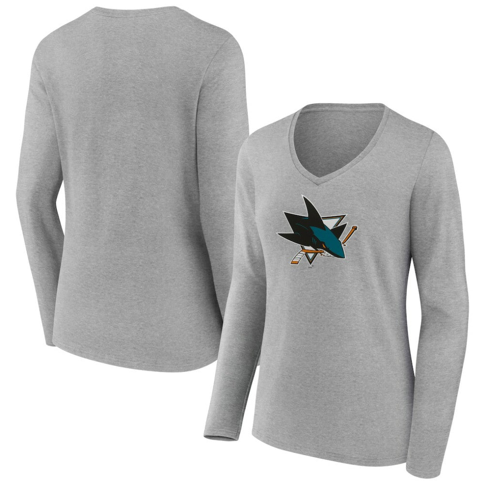 San Jose Sharks Women's Primary Logo Long Sleeve V-Neck T-Shirt - Gray - NHL 203555669