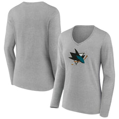 San Jose Sharks Women's Primary Logo Long Sleeve V-Neck T-Shirt - Gray - NHL 203555669