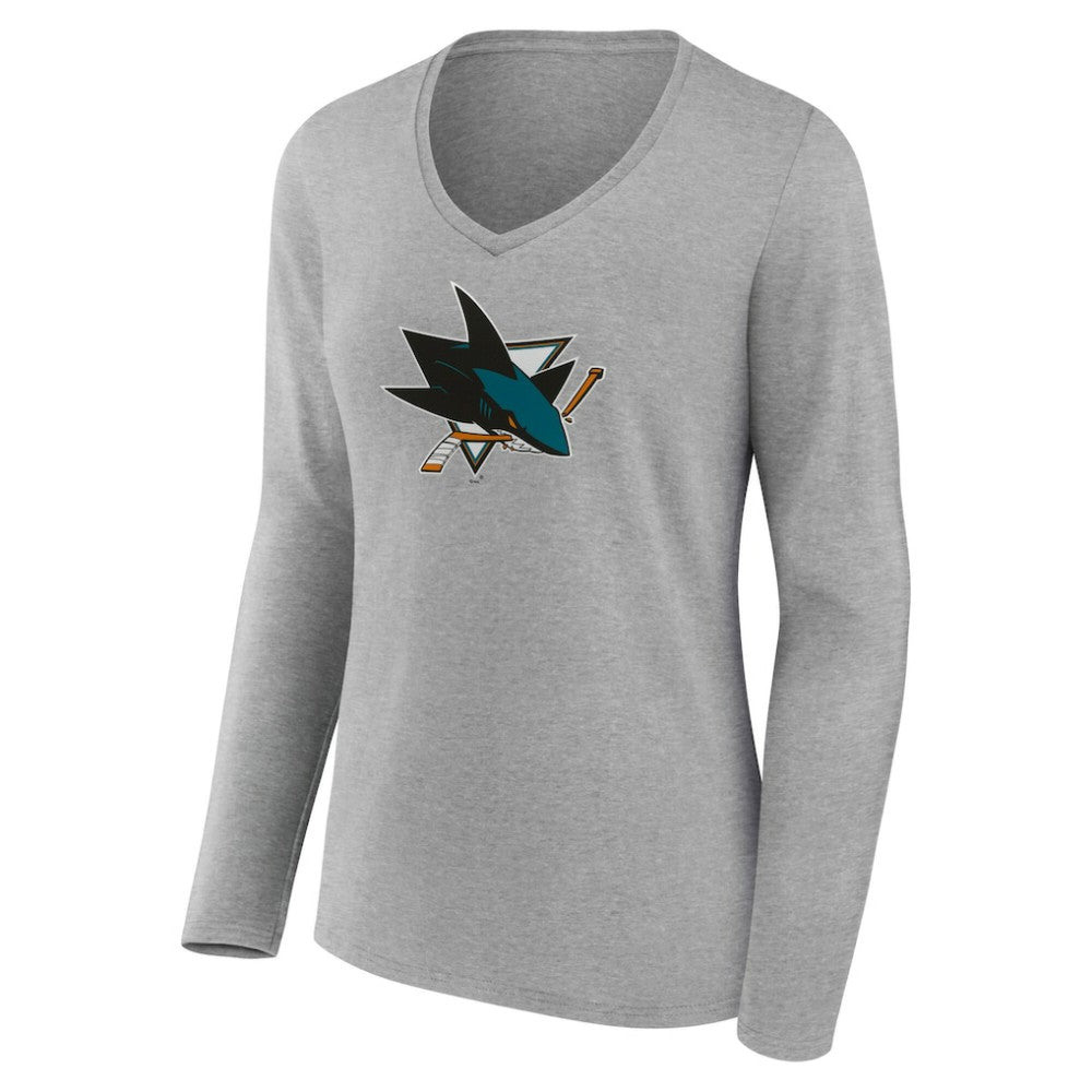 San Jose Sharks Women's Primary Logo Long Sleeve V-Neck T-Shirt - Gray - NHL 203555669