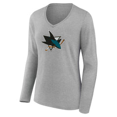 San Jose Sharks Women's Primary Logo Long Sleeve V-Neck T-Shirt - Gray - NHL 203555669