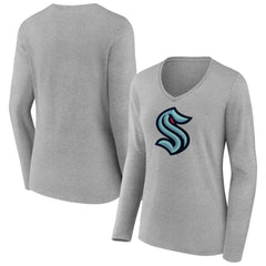 Seattle Kraken Women's Primary Logo Long Sleeve V-Neck T-Shirt - Gray - NHL 203555670