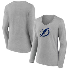 Tampa Bay Lightning Women's Primary Logo Long Sleeve V-Neck T-Shirt - Gray - NHL 203555674