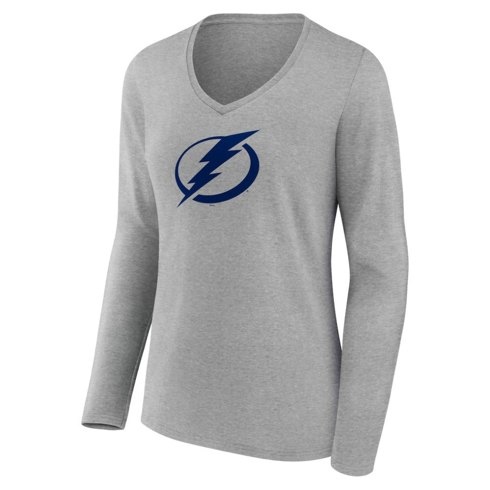 Tampa Bay Lightning Women's Primary Logo Long Sleeve V-Neck T-Shirt - Gray - NHL 203555674