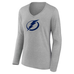 Tampa Bay Lightning Women's Primary Logo Long Sleeve V-Neck T-Shirt - Gray - NHL 203555674