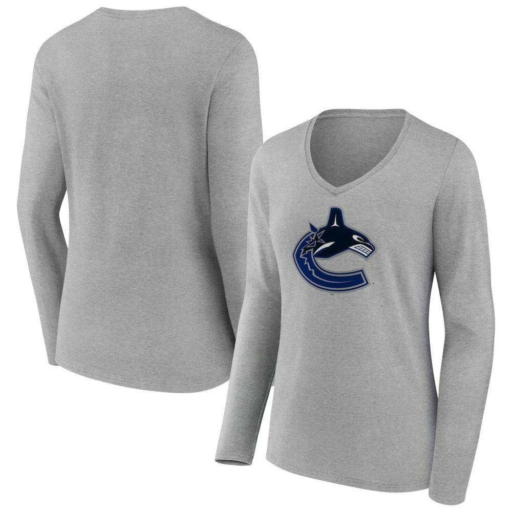Vancouver Canucks Women's Primary Logo Long Sleeve V-Neck T-Shirt - Gray - NHL 203555678