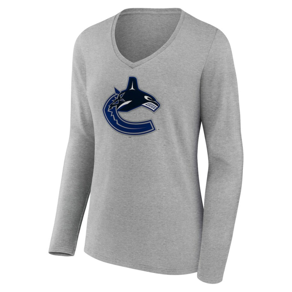 Vancouver Canucks Women's Primary Logo Long Sleeve V-Neck T-Shirt - Gray - NHL 203555678