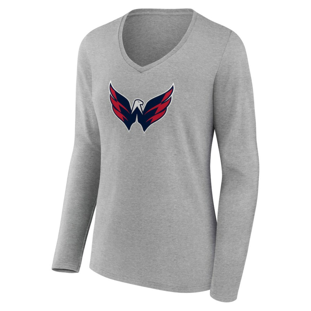 Washington Capitals Women's Primary Logo Long Sleeve V-Neck T-Shirt - Gray - NHL 203555682