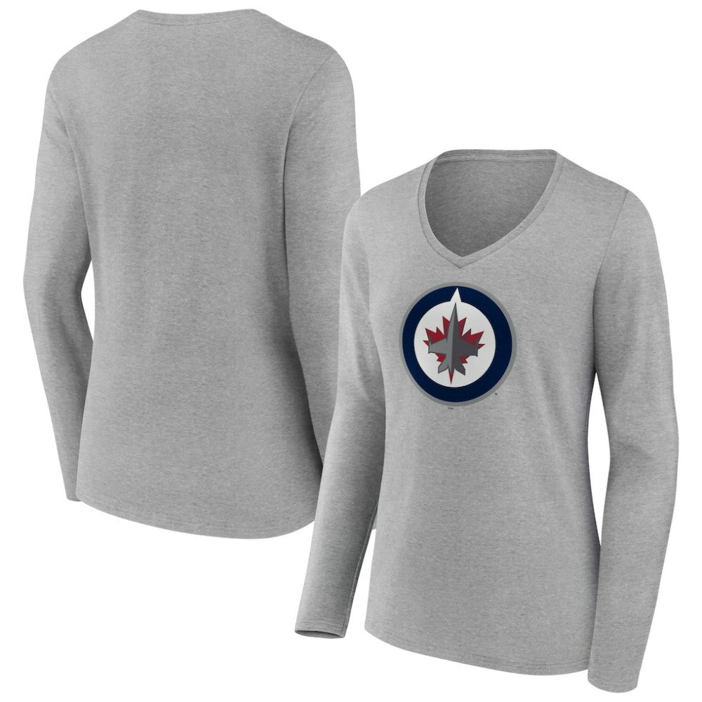 Winnipeg Jets Women's Primary Logo Long Sleeve V-Neck T-Shirt - Gray - NHL 203555683